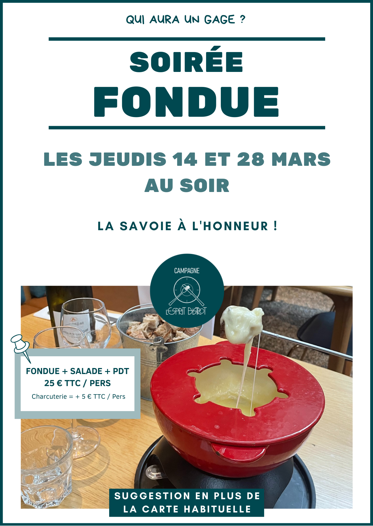 Soirée fondue savoyarde · Campagne, L'Esprit Bistrot
